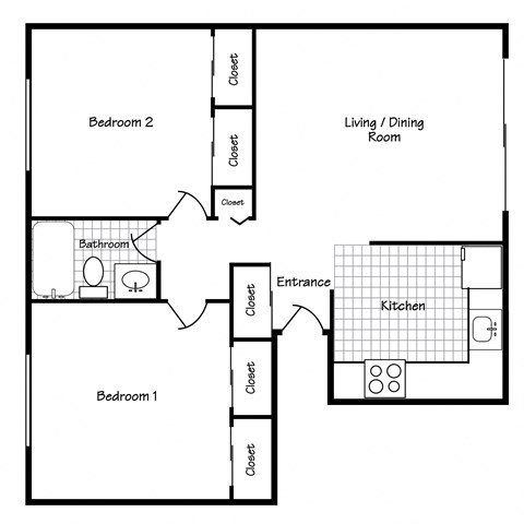Floor plan for 2 beds, 1 bath, 820 sqft